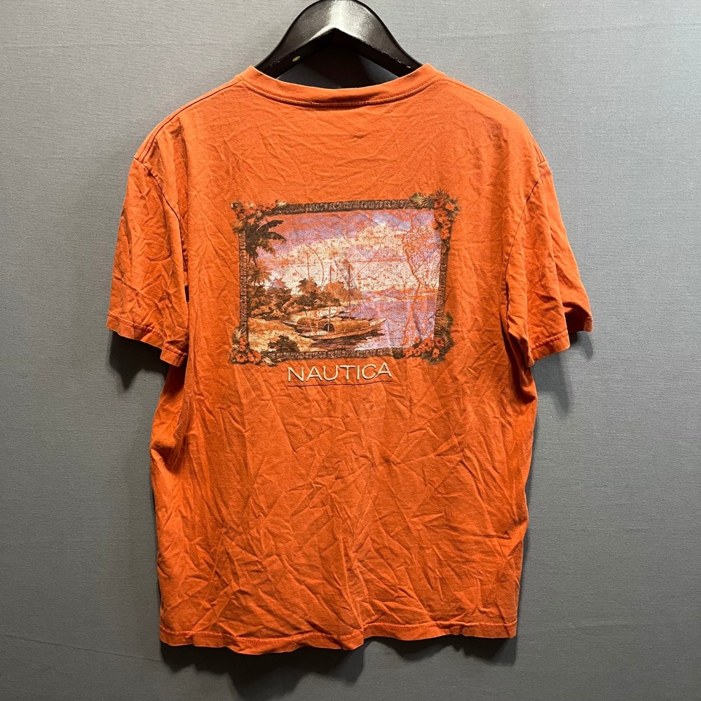 Nautica Mens Orange Graphic T-Shirt Large Made in USA Cotton Tropical Sailboat